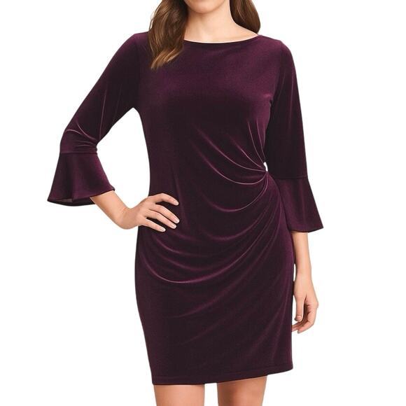 Ralph Lauren XL Velvet Ruched Stretch Dress Wine Red Bell Sleeve Formal Holiday - Picture 1 of 10